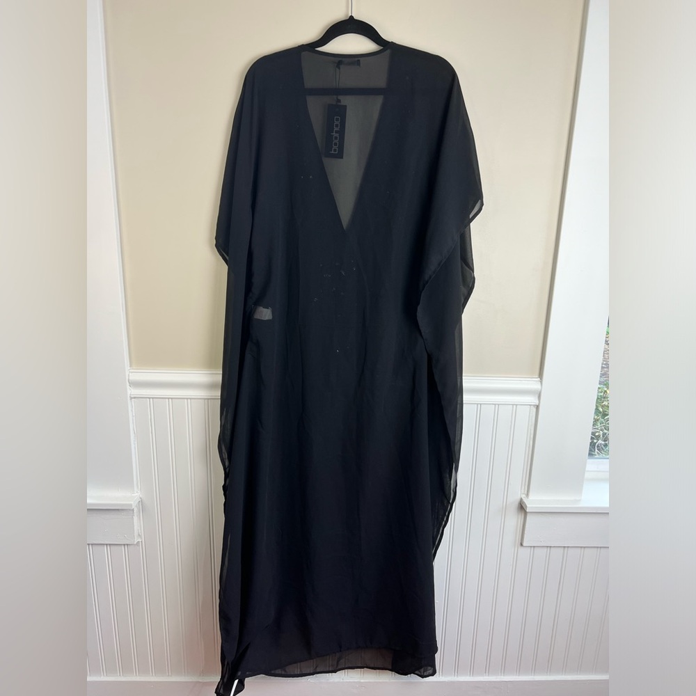 Boohoo Black Sheer Kaftan Swim Coverup with Gold Embellishment - Picture 2 of 12